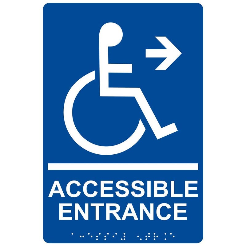 ComplianceSigns.com Accessible Entrance Right Sign, ADA-Compliant Braille and Raised Letters, 9x6 inch Blue Acrylic with Mounting Strips, American Made Safety Signs for the Workplace - Image 1